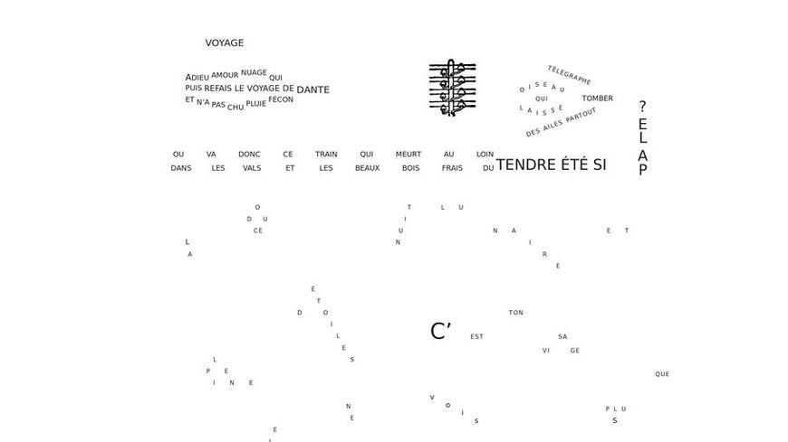 "Voyage", dans "Calligrammes, poèmes de la paix et de la guerre (1913-1916)", de Guillaume Apollinaire, en 1918.