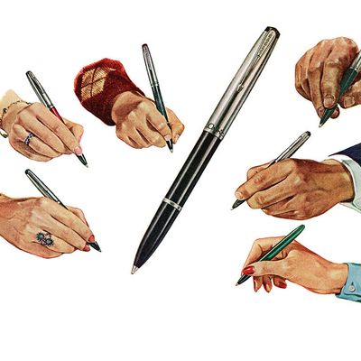 Illustration de six mains tenant des stylos-bille (sérigraphie), 1946.