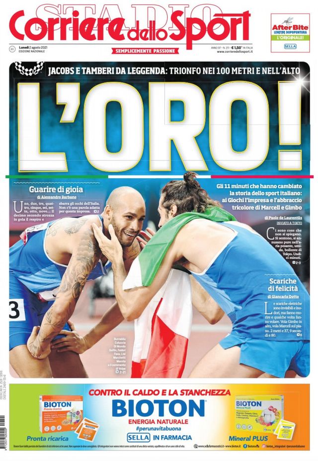 La prima pagina del Corriere Dello Sport guarda a questa massiccia formazione di atleti italiani.