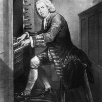 Johann Sebastian Bach (1685 - 1750), jouant de l'orgue, circa 1725. D'après une gravure du British Museum, Londres
