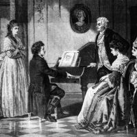 Ludwig van Beethoven jouant devant Wolfgang Amadeus Mozart. D'après le tableau de Borchman, gravure XIXe siecle