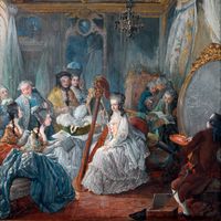 Marie Antoinette jouant de la harpe, gouache sur papier, 1777, Collection du Musée de l'Histoire de France, Château de Versailles