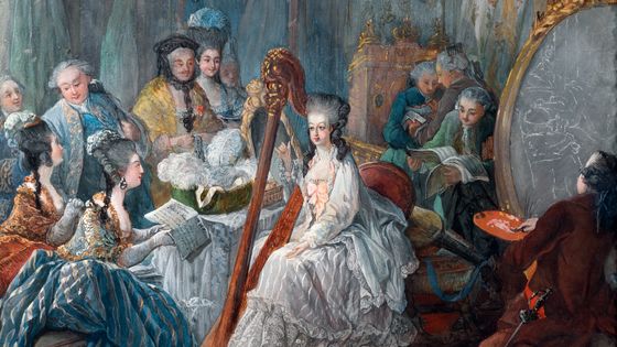 Marie Antoinette jouant de la harpe, gouache sur papier, 1777, Collection du Musée de l'Histoire de France, Château de Versailles ©Getty - Jacques-Fabien Gautier d'Agoty