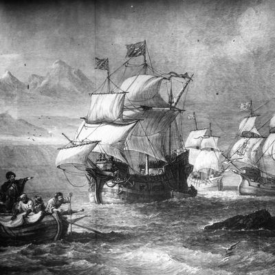 Illustration du XVIème siècle, lorsque le navigateur et explorateur portugais, Ferdinand Magellan, découvre le chemin vers le Pacifique