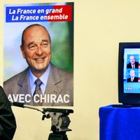 Résultats du premier tour de l’élection présidentielle, au QG de campagne de Jacques Chirac, 21 avril 2002
