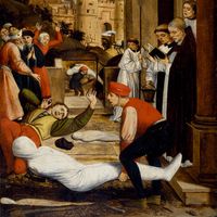 Saint-Sébastien, intercesseur, lors de la peste de Justinien, par Josse Lieferinx, entre 1497 et 1499