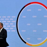 Le candidat CDU Armin Laschet au Berliner Tempodrom à Berlin le 21 août 2021, pendant la campagne du CDU/CSU pour les élections prévues le 26 septembre 2021.