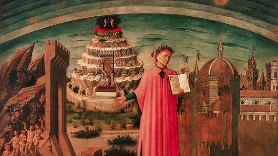 Au premier plan se dresse Dante tenant son œuvre 'la Divine Comédie'. D'un côté, Florence est représentée et de l'autre, une vision de l'enfer. Derrière Dante, des figures humaines tentent de faire la difficile ascension vers le ciel. ©Getty - David Lees/Corbis/VCG