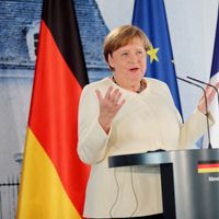 Angela Merkel le 29 juin 2020 lors d'une conférence de presse conjointe avec Emmanuel Macron à Meseberg, près de Berlin.