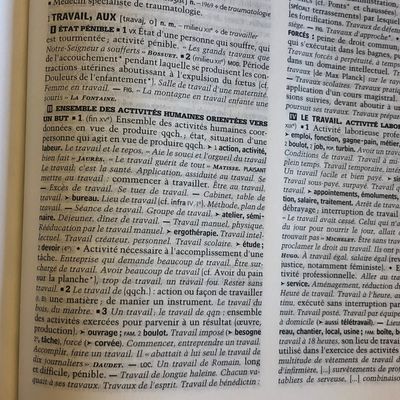 Définitions multiples du terme "travail" dans le Petit Robert, édition 2009.