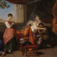 « Le petit chien qui secoue de l'argent et des pierreries » par Nicolas Vleughels, 1732, d'après le conte éponyme de Jean de La Fontaine