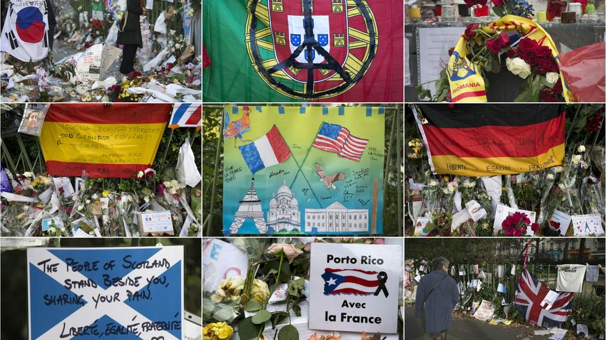 Hommages de différentes nationalités à Paris photographiés en novembre et en décembre 2015.