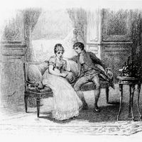 Gravure illustrant « La Chartreuse de Parme » de Stendhal (1783-1842) édition française de 1883 : Fabrice Del Dongo et une jeune femme,
