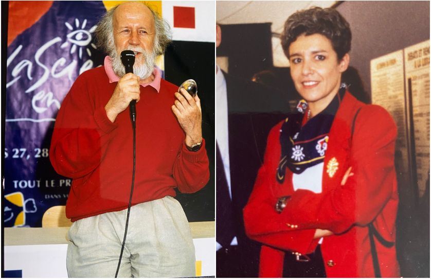 El astrofísico Hubert Reeves y la astronauta Claudie André-Deshayes (que desde entonces se ha convertido en Claudie Hainery) durante "La bandera se celebra en 1994.".