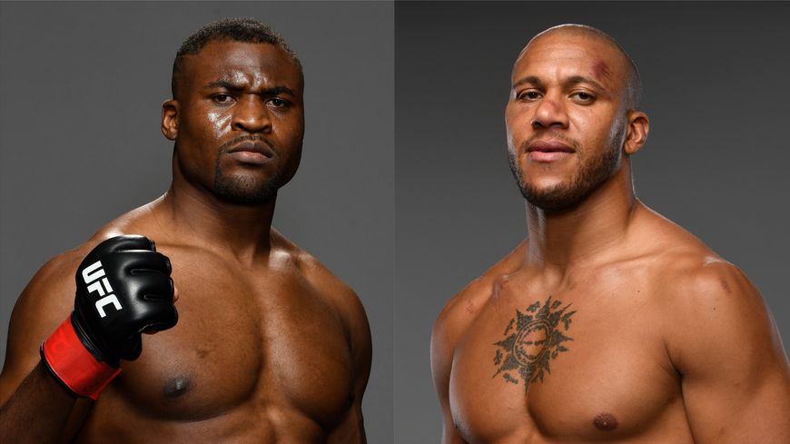 Francis Ngannou - photo après sa victoire à l'UFC 249 (Mike Roach) + Ciryl Gane - photo après sa victoire UFC Fight Night (Mike Roach)