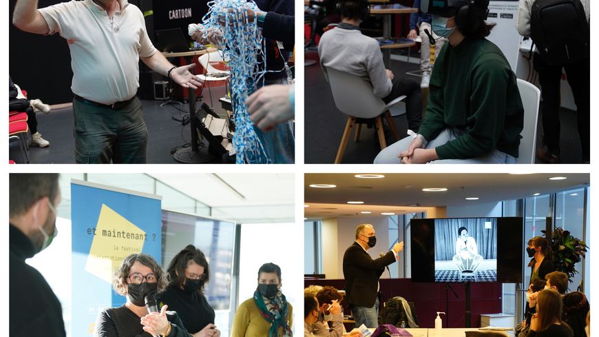 Atelier bruitage / Atelier réalité virtuelle / Atelier documentaire / Atelier vidéo (de gauche à droite).
