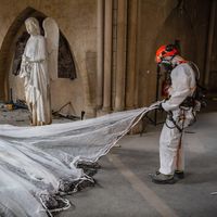 Des cordistes installent différents filets dans la cathédrale Notre-Dame pour réceptionner les débris