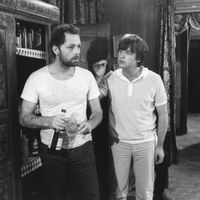 Dominique Besnehard avec Patrick Dewaere, tournage du film 'Psy' de Philippe de Broca (1981)