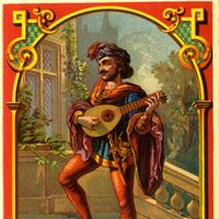 Etiquette de fil représentant un métier du spectacle : troubadour. (19e et 20e siècle).