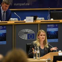 Frances Haugen au Parlement européen à Bruxelles le 08 novembre 2021