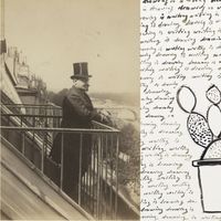 "Depuis un balcon, quai Voltaire, Paris" vers 1870 / "Sans titre (writing is drawing drawing is writing)", 1989