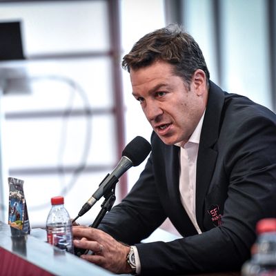 Le PDG du Stade Français Thomas Lombard en conférence de presse le 30 juin 2020 au stade Jean-Bouin à Paris