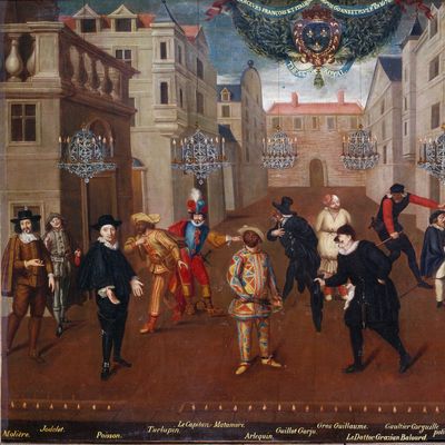 Représentation de plusieurs personnages type de la Commedia dell'arte qui a forgé le style de Molière (Arnolphe, Tarlupin, Arlequin, Polichinelle…), 1670