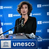 Audrey Azoulay, directrice générale de l'Unesco, le 25 octobre 2021 au siège de l'Unesco à Paris.