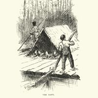 Illustration des "Aventures de Huckleberry Finn", redevance sur le Mississippi, le radeau