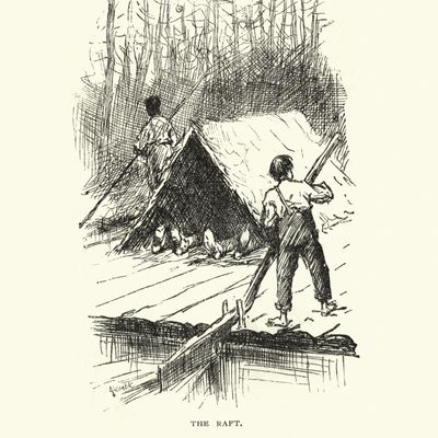 Illustration des "Aventures de Huckleberry Finn", redevance sur le Mississippi, le radeau