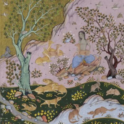 Majnûn dans le désert, page des Cinq Trésors de Nezâmi, Chiraz ou Ispahan, Iran, 1620-1624, gouache sur papier