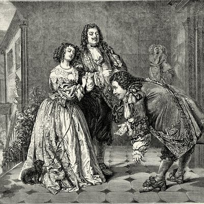 Illustration d'une scène du "Bourgeois gentilhomme" de Molière qui moque les mondanités vaniteuses et l'obsession de l'anoblissement des mœurs de la société.
