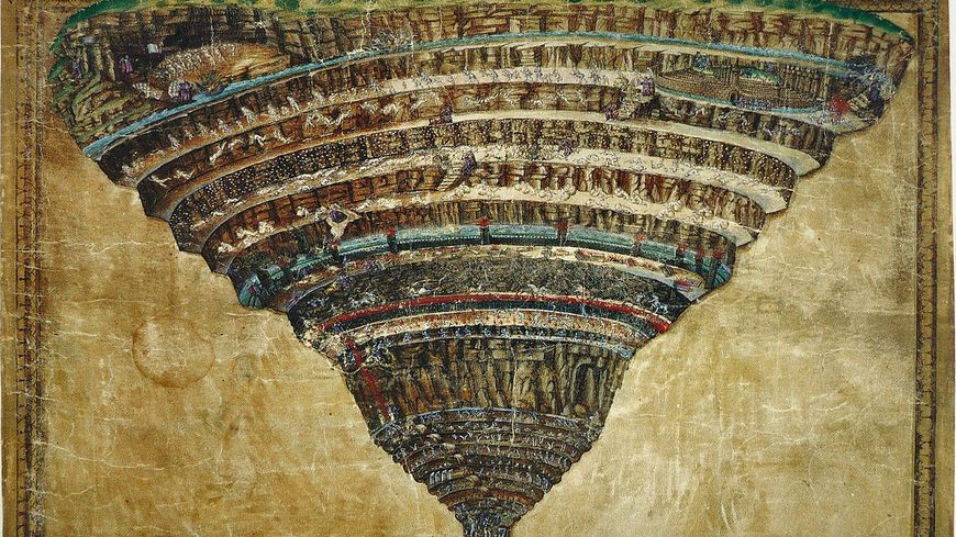 La carte de l'Enfer par Botticelli, entre 1480 et 1490