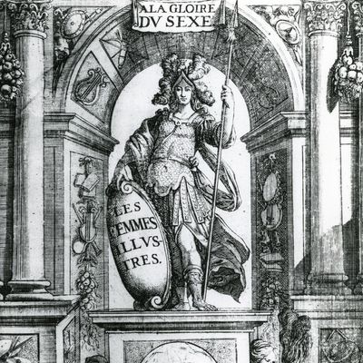 Frontispice du livre "Les Femmes illustres ou les Harangues héroïques" de Madeleine de Scudéry, publié en 1642.