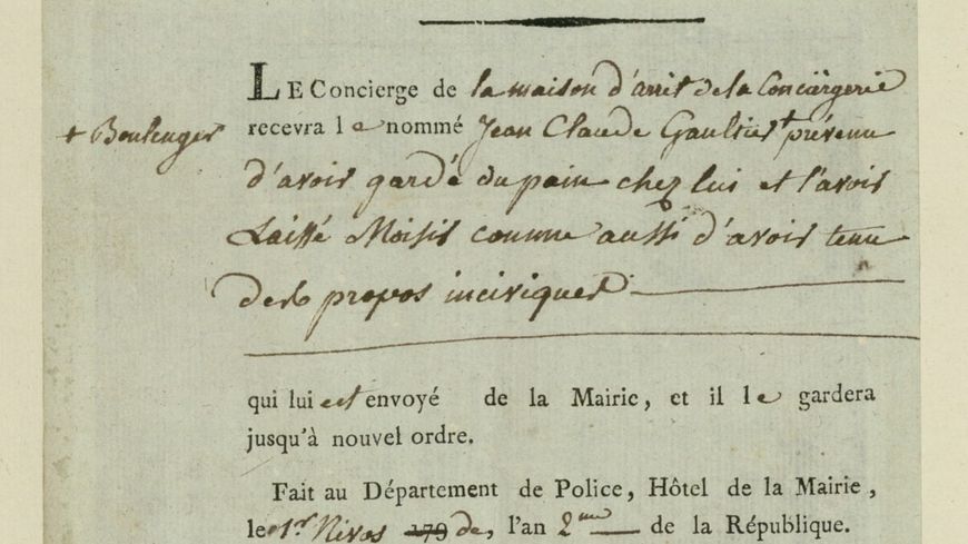 Ordre d'écrouer à la Conciergerie le nommé Jean Claude Gaultier, boulanger, 21 décembre 179.