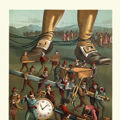 "Les voyages de Gulliver" - les Lilliputiens prenant la montre de Gulliver, l’épée, le peigne ...