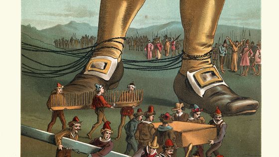 "Les voyages de Gulliver" - les Lilliputiens prenant la montre de Gulliver, l’épée, le peigne ... ©Getty - Duncan 1890