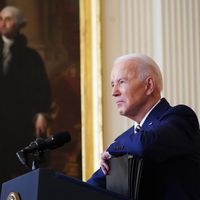 Joe Biden en conférence de presse à l'occasion du premier anniversaire de son mandat