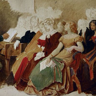 Une soirée chez le Baron Spaun, Schubert est au piano et le ténor Johann Michael Vogl assis à sa droite. Aquarelle (détail)