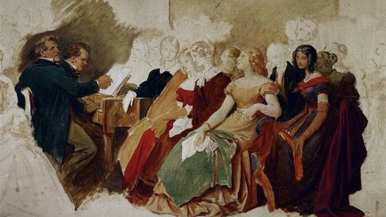 Une soirée chez le Baron Spaun, Schubert est au piano et le ténor Johann Michael Vogl assis à sa droite. Aquarelle (détail) ©Getty - Imagno/Getty Images