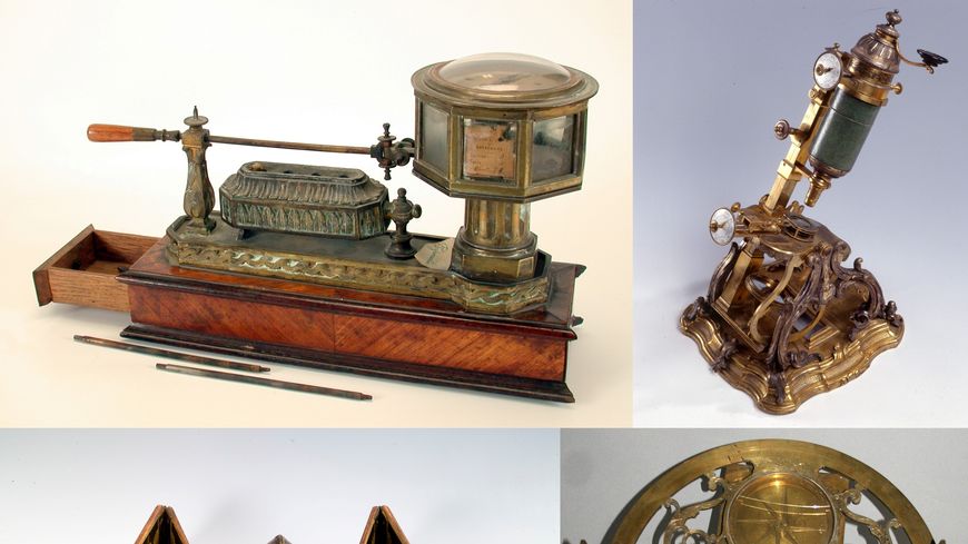 Pyromètre à cadran Arsandaux. Microscope de Magny. Double cône de l’Abbé Nollet. Graphomètre.