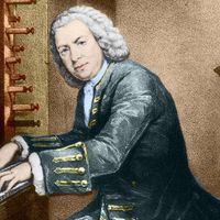 Jean-Sébastien Bach à l'orgue (Eisenach, 31 mars 1685 – Leipzig, 28 juillet 1750). Collection privée