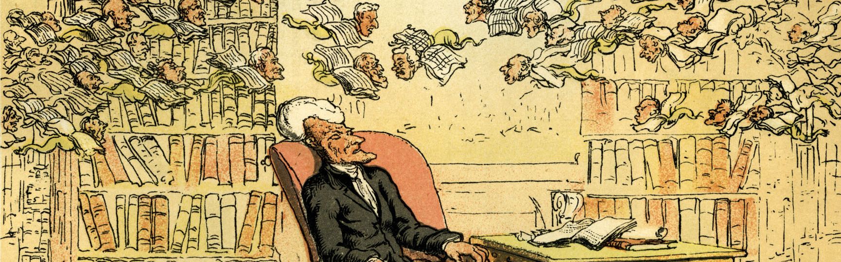 Le Dr Syntaxe rêve de livres qui volent. Illustration par Thomas Rowlandson du 'Doctor Syntax's Tour in Search of the Pittoresque' de William Combe (1812)