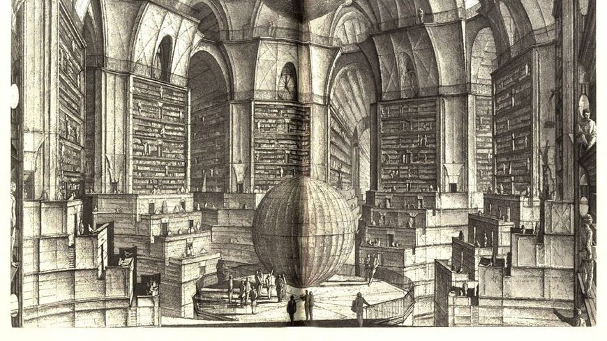 La bibliothèque de Babel par Érik Desmazières, estampe inspirée de la nouvelle de Jorge Luis Borges, "La biblioteca de Babel"