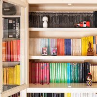 Bibliothèque au classement esthétique par collection et couleur (Massa, Italie)