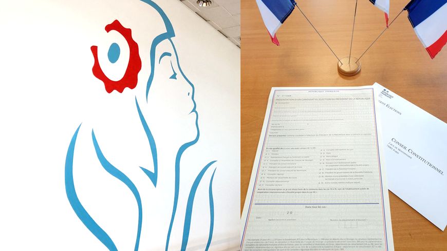 Représentation de Marianne en mairie de Coudekerque-Branche (Pas-de-Calais) et formulaire de parrainage pour un candidat à la présidentiel avec l'enveloppe pour le Conseil constitutionnel.