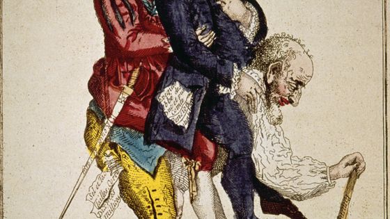 Dessin satyrique symbolisant le poids des privilèges de la noblesse et de l'Eglise sur le dos du vieillard paysan représentant le Tiers-Etat en 1789 ©Getty - Jean DESMARTEAU