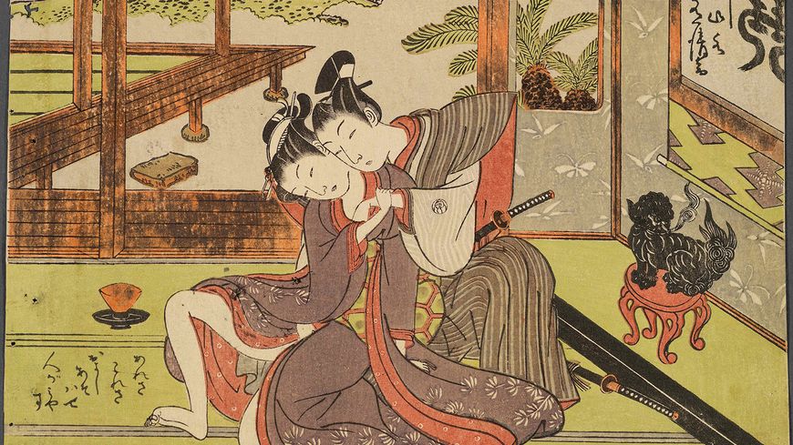 Isoda Koryusai (1735-1790), "Un Samouraï wakashu et une servante", gravure sur bois, seconde moitié du 18e siècle.