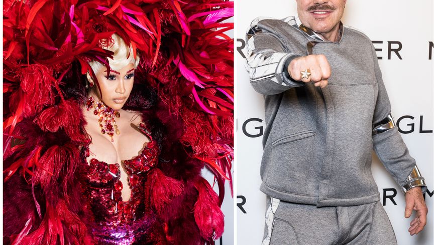 La rappeuse et célébrité américaine Cardi B en Mugler au musée des Arts décoratifs de Paris le 28 septembre 2021, et l'artiste à la même date et au même endroit pour le lancement dans la capitale de sa rétrospective.