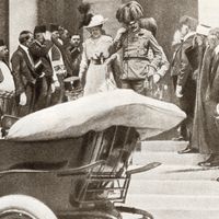 L'archiduc François-Ferdinand d'Autriche et de son épouse Sophie, duchesse de Hohenberg, avant leur assassinat par Gavrilo Princip déclenchant la Grande Guerre.